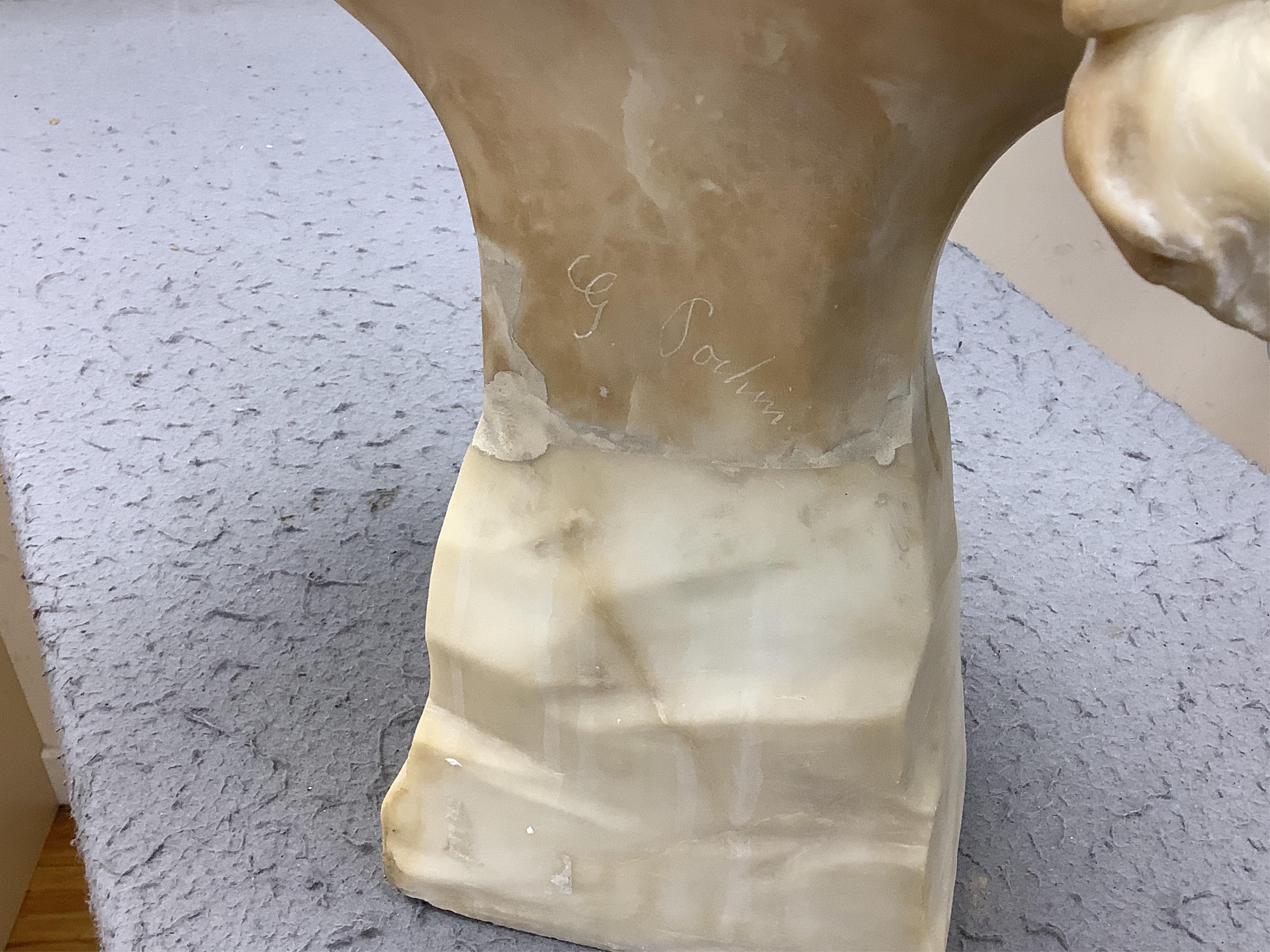 A French alabaster bust of a girl with long plait wearing a hat, signed on the back of pedestal, 54cm high. Condition - good